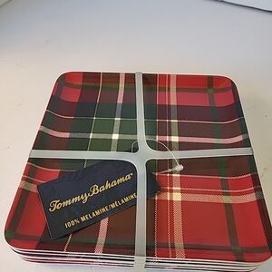Tommy Bahama Red and Green Plaid Melamine 6pc Square 5 7/8" Plates NWT